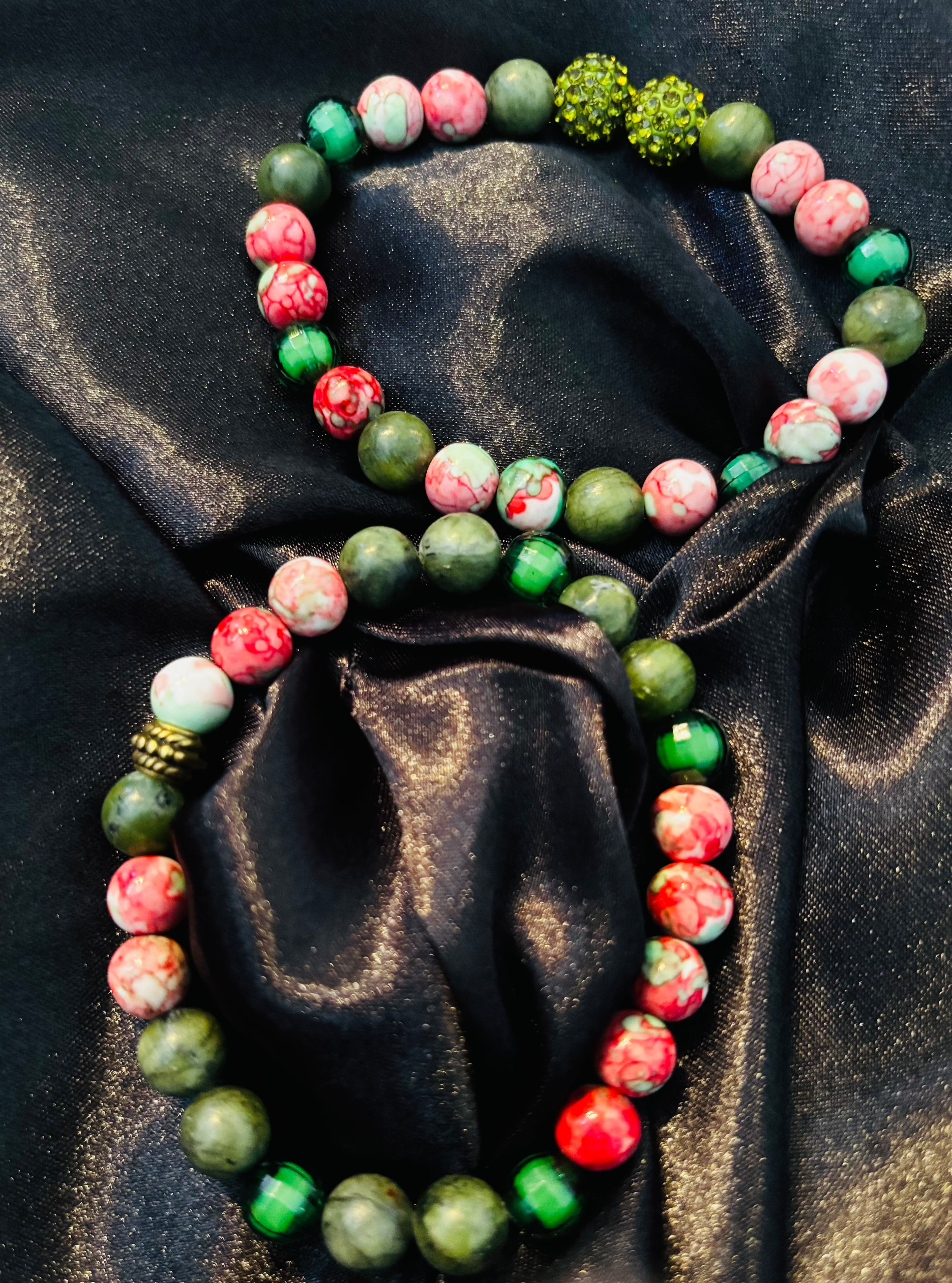 Emerald Opulence Natural Gemstone & Rhinestone 2-Piece Luxury Stretch Bracelet Set