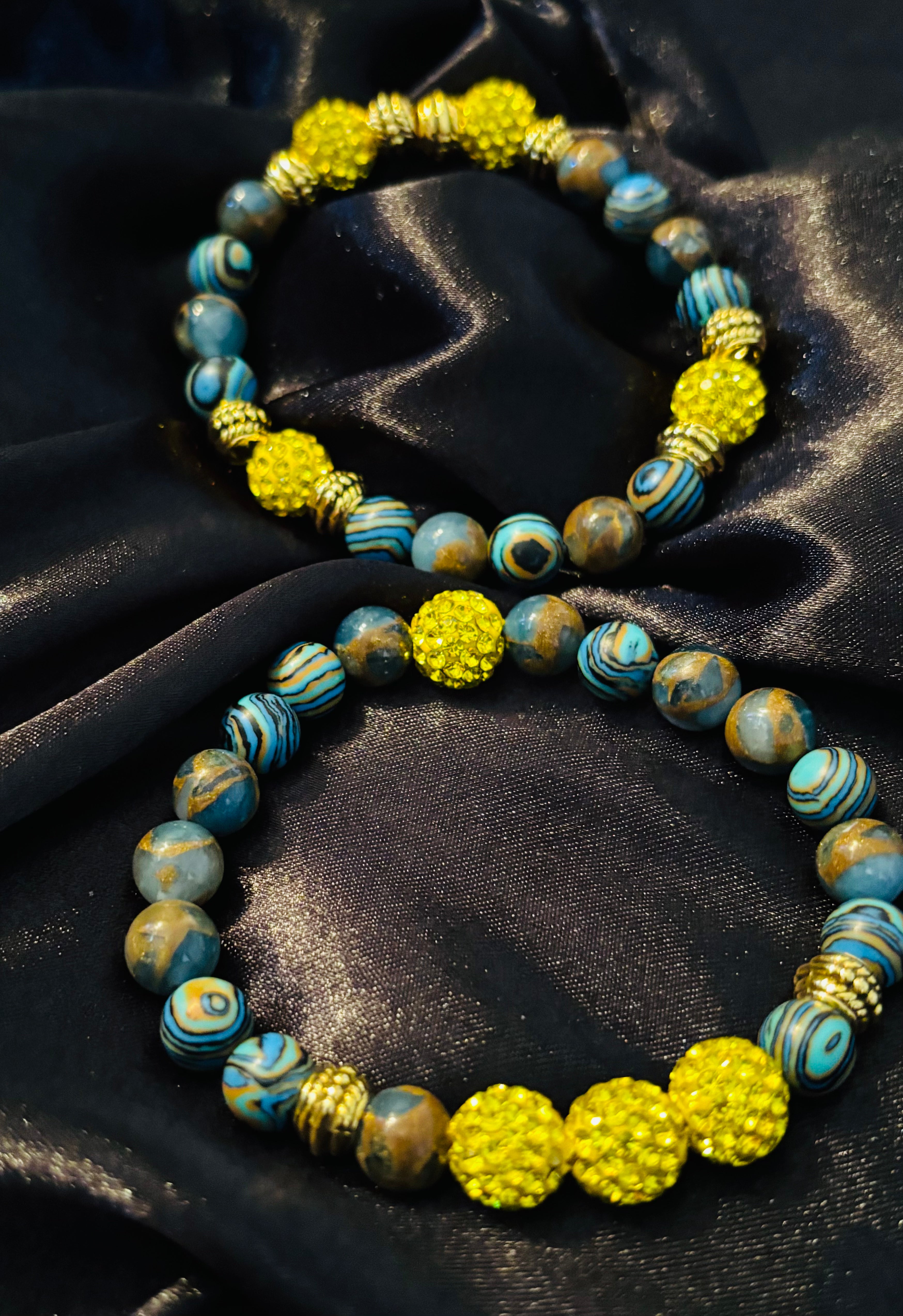 Solar Reign Blue Swirl & Yellow Rhinestone 2-Piece Luxury Stretch Bracelet Set