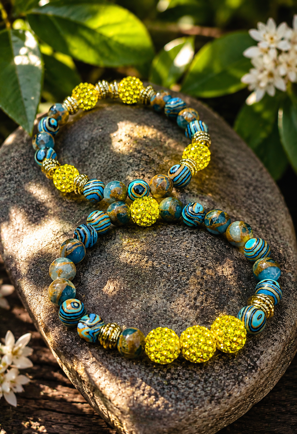 Solar Reign Blue Swirl & Yellow Rhinestone 2-Piece Luxury Stretch Bracelet Set