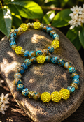 Solar Reign Blue Swirl & Yellow Rhinestone 2-Piece Luxury Stretch Bracelet Set