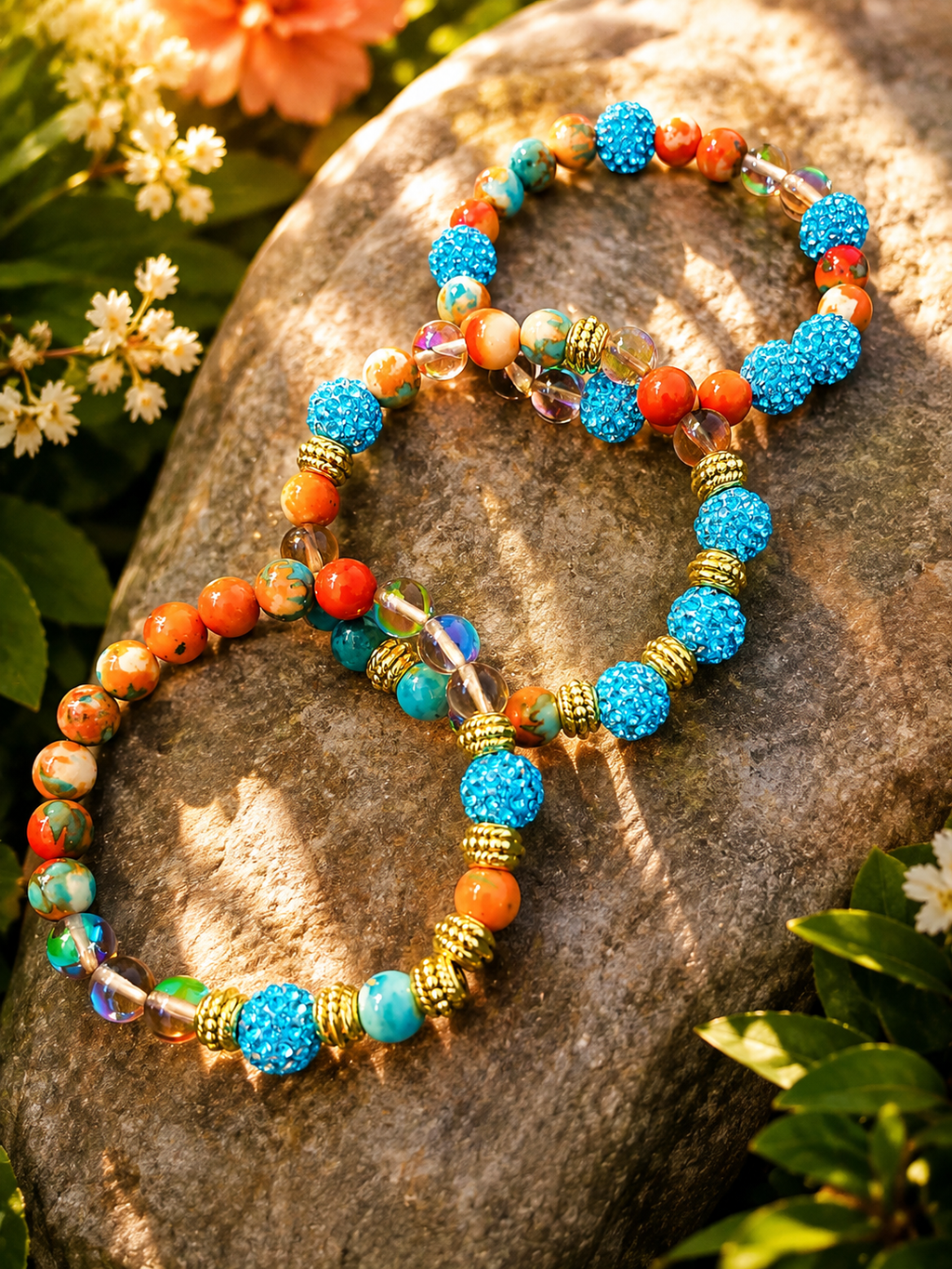 Celestial Tides Marble & HD Aqua Rhinestone 3-Piece Luxury Stretch Bracelet Set