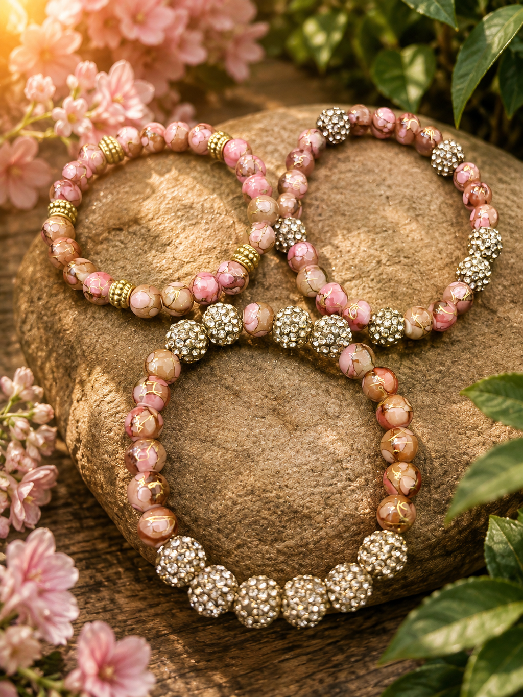 Gilded Dusk Rhinestone & Pewter 3-Piece Stretch Bracelet Set