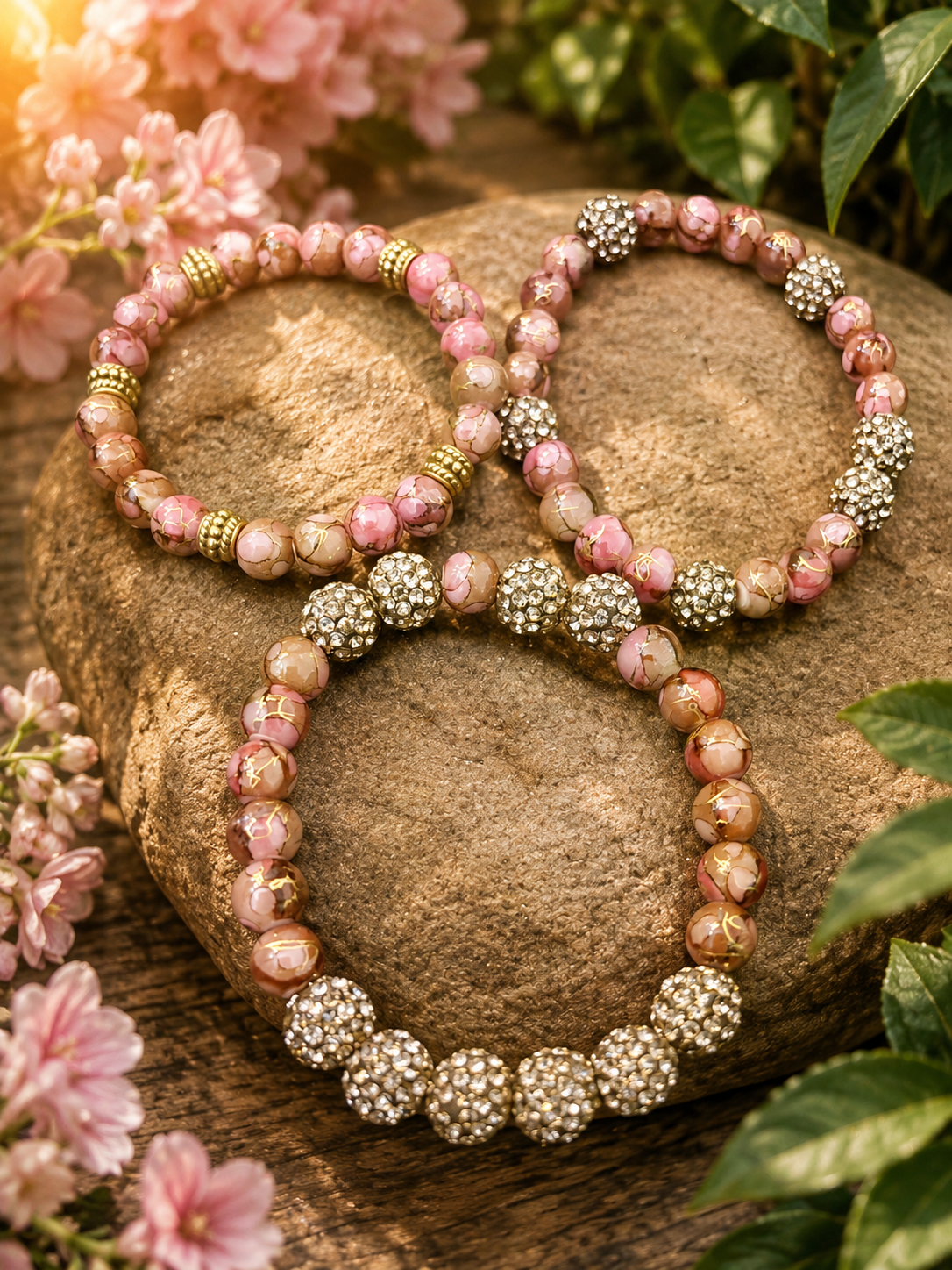Gilded Dusk Rhinestone & Pewter 3-Piece Stretch Bracelet Set