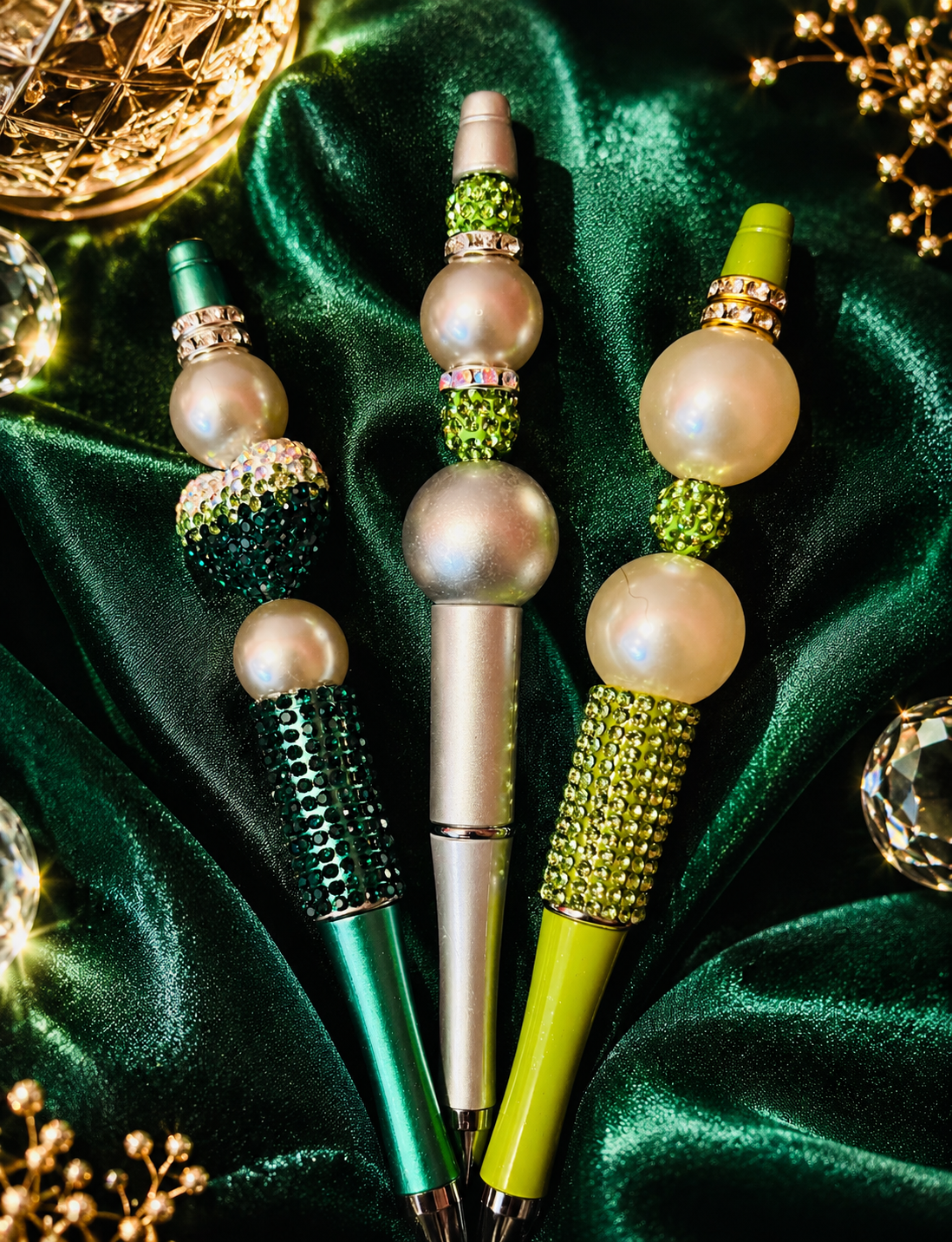 Luxe Embellished Pen Trio | Cream & Emerald Rhinestone