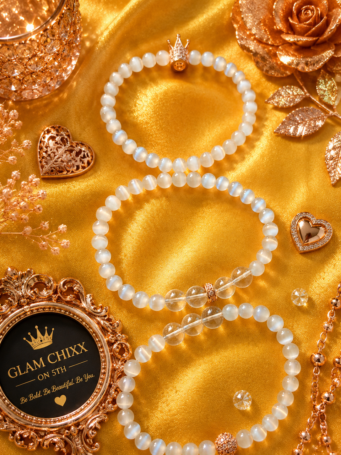Crown Jewel 3-Piece Bracelet Set | White Cat's Eye & Rose Gold