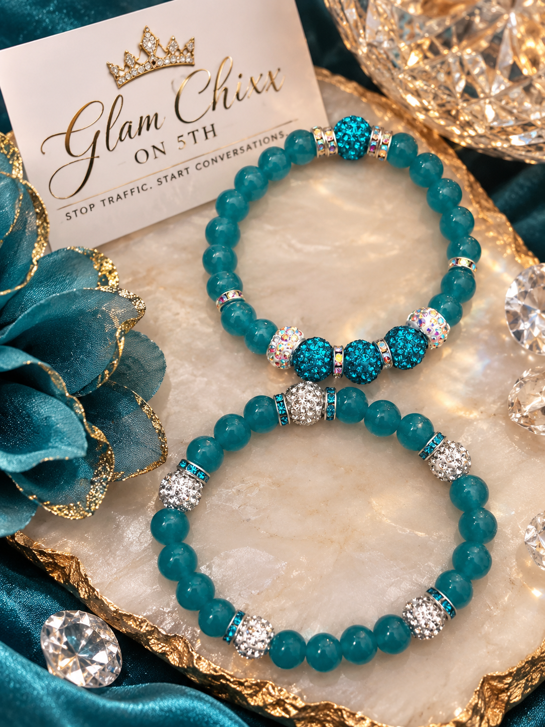 Teal Empress Quartzite & Pavé Bracelet Duo